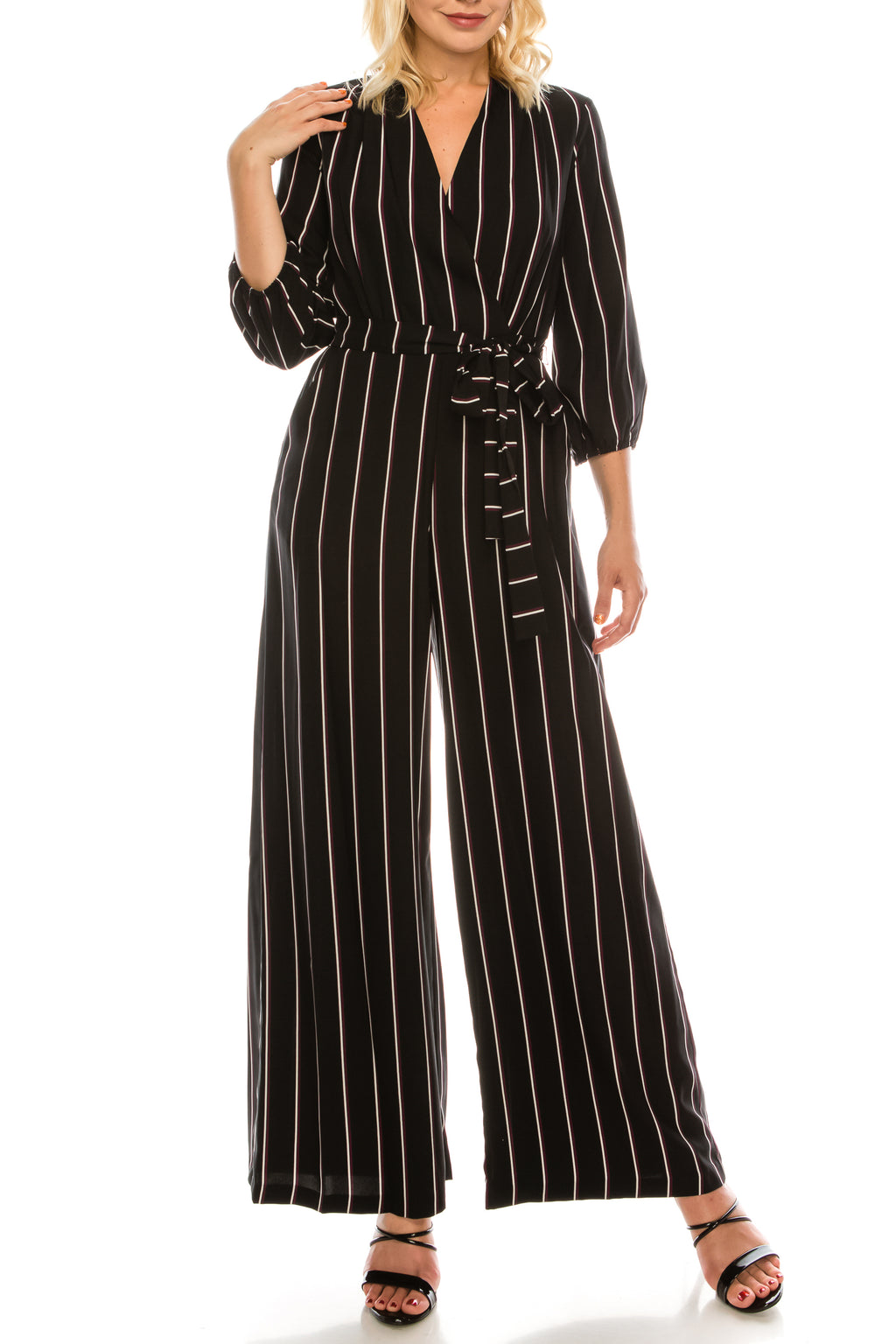 Gabby Skye Black Plum White Striped Wide Leg Jumpsuit
