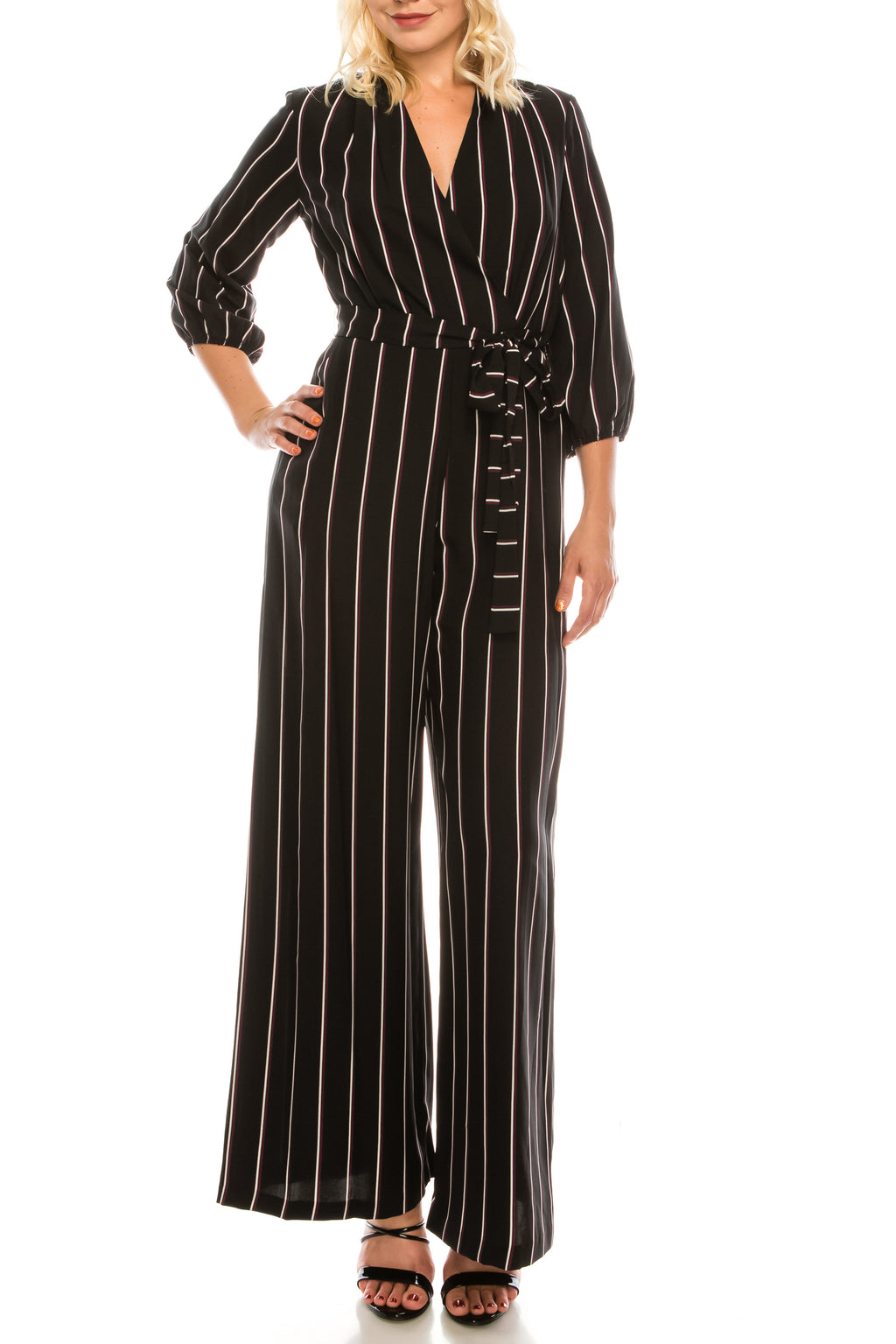 Gabby Skye Black Plum White Striped Wide Leg Jumpsuit