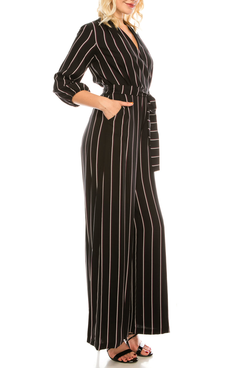 Gabby Skye Black Plum White Striped Wide Leg Jumpsuit