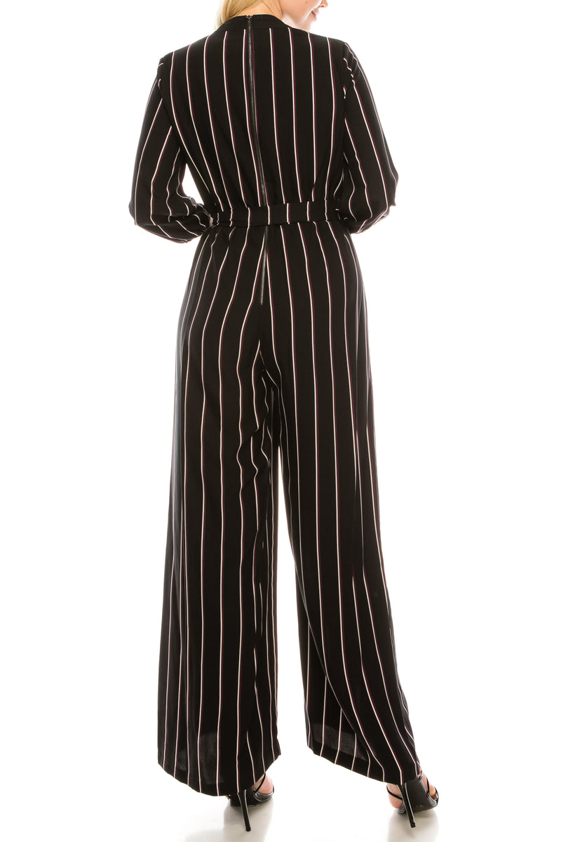 Gabby Skye Black Plum White Striped Wide Leg Jumpsuit
