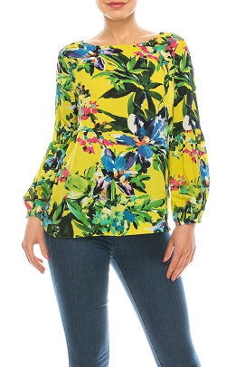 Jessica Rose Floral Print Boatneck Bishop Sleeve Blouse (Additional Colors)