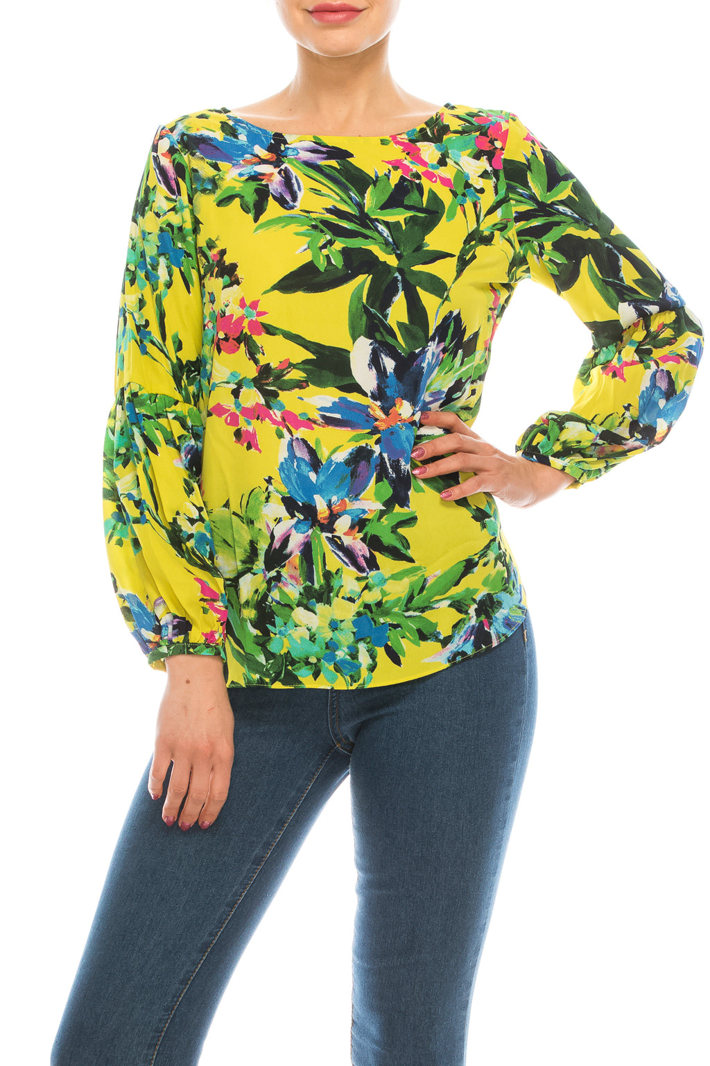Jessica Rose Floral Print Boatneck Bishop Sleeve Blouse (Additional Colors)