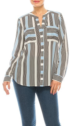 Jessica Rose Stripe Split Neck Button Up Blouse (Additional Colors)