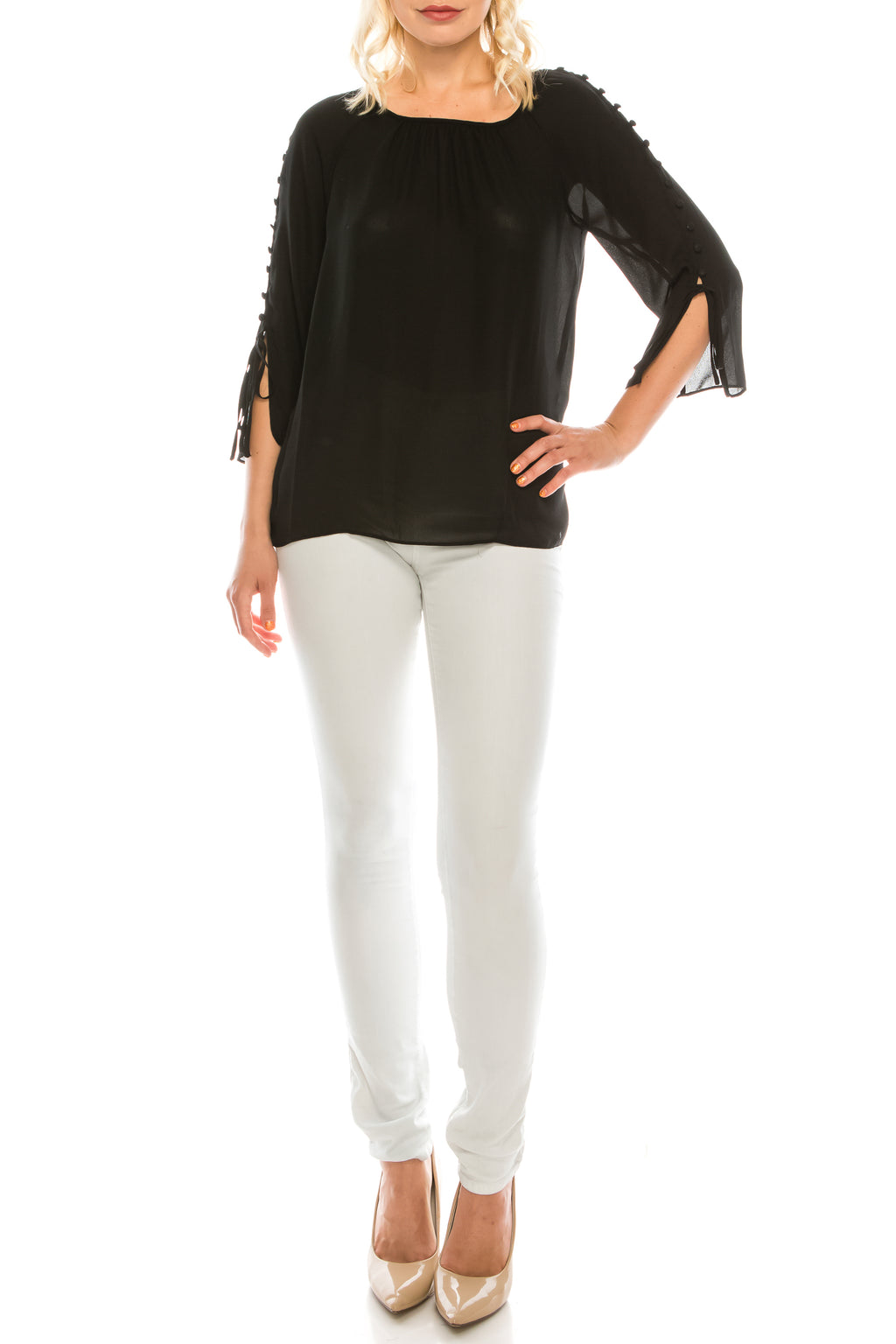 Jessica Rose Button-Loop Trimmed Sleeve Blouse (Additional Colors)