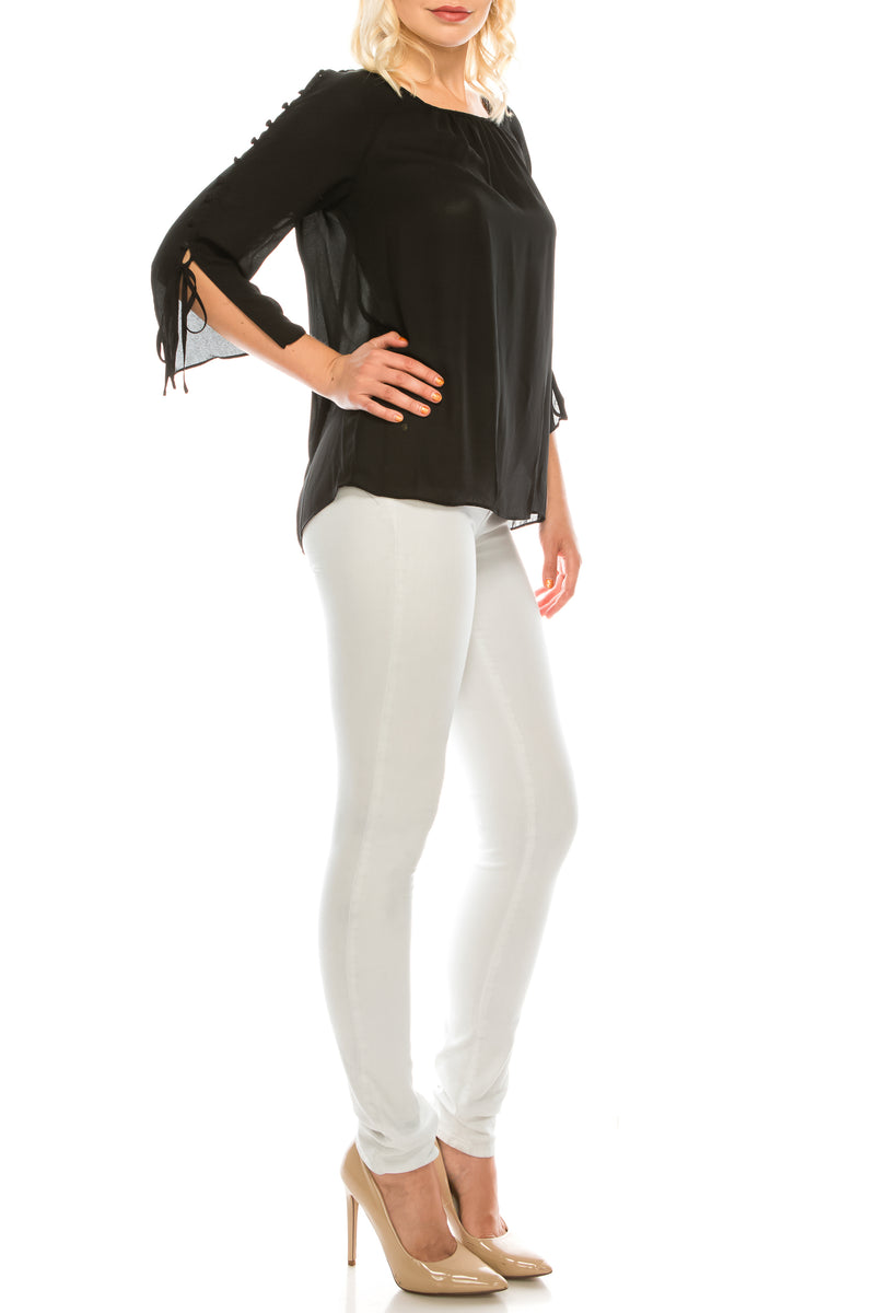 Jessica Rose Button-Loop Trimmed Sleeve Blouse (Additional Colors)