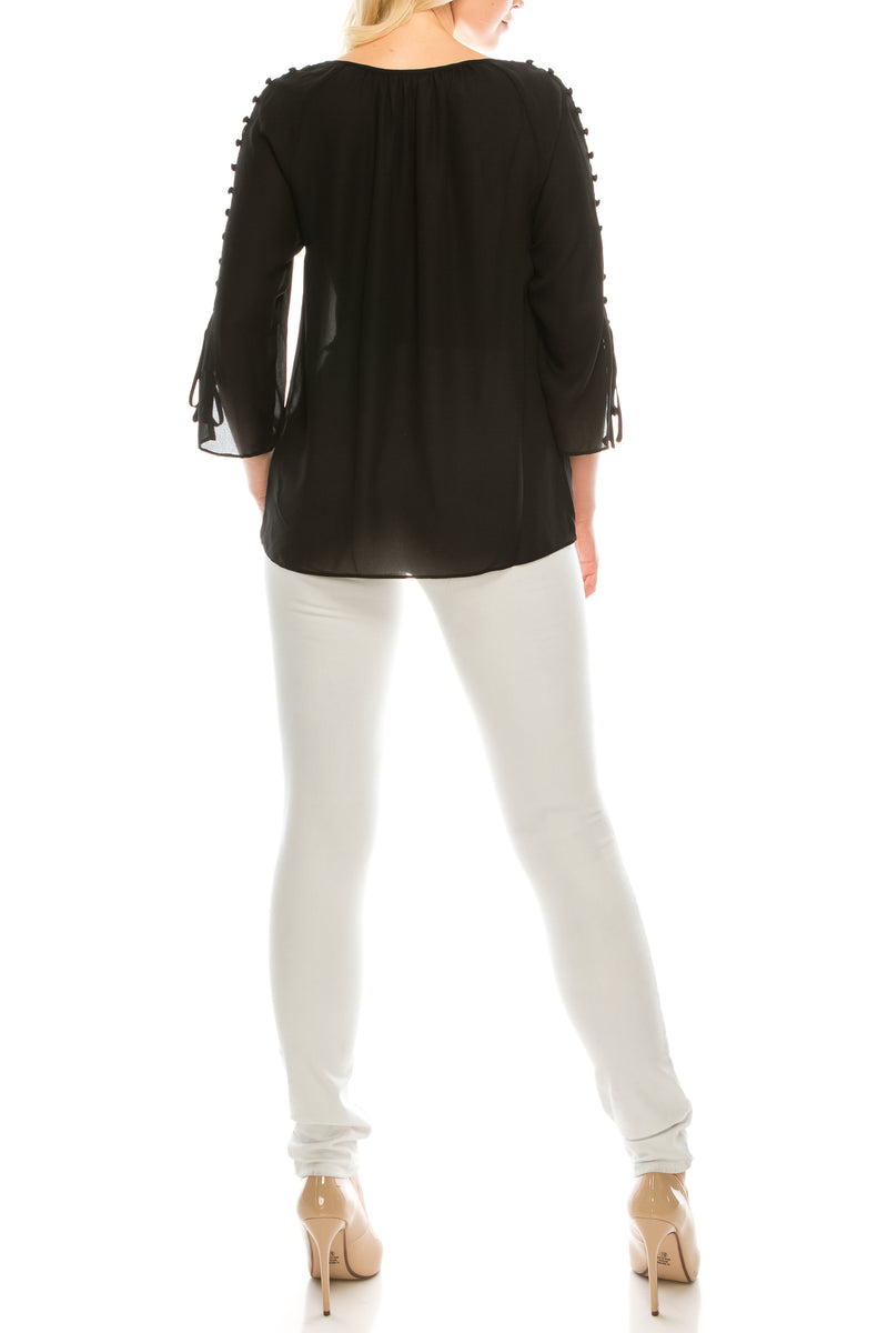 Jessica Rose Button-Loop Trimmed Sleeve Blouse (Additional Colors)