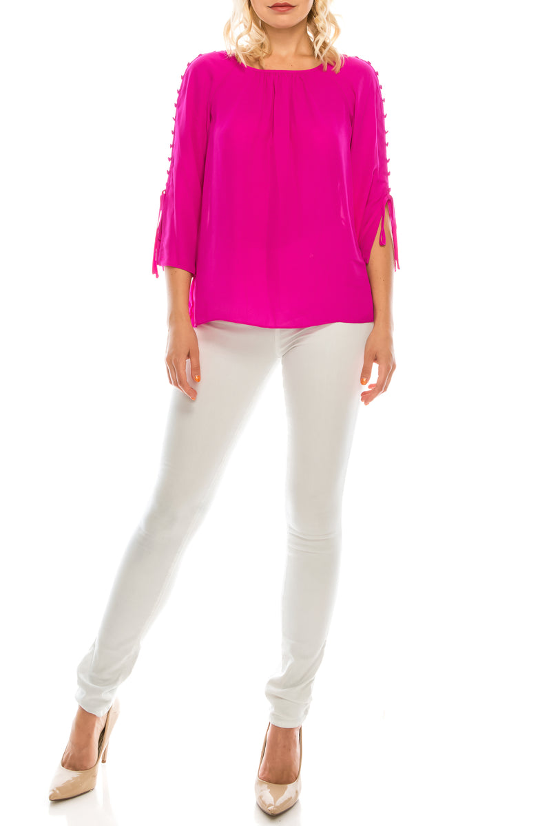 Jessica Rose Button-Loop Trimmed Sleeve Blouse (Additional Colors)