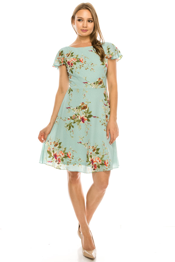 London Times Polka Dotted Floral Ruffle Cap Sleeve Dress