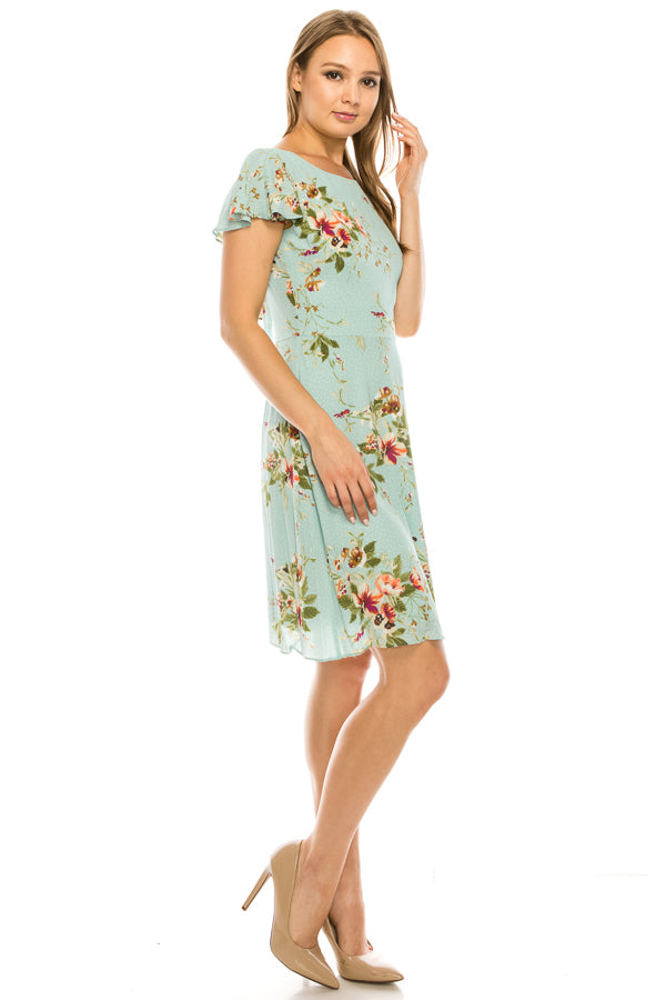 London Times Polka Dotted Floral Ruffle Cap Sleeve Dress