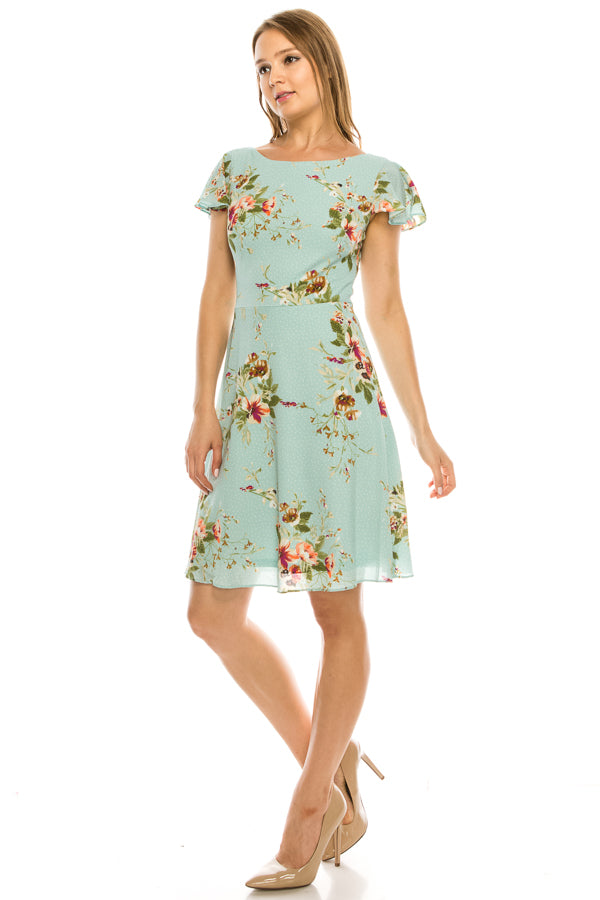 London Times Polka Dotted Floral Ruffle Cap Sleeve Dress