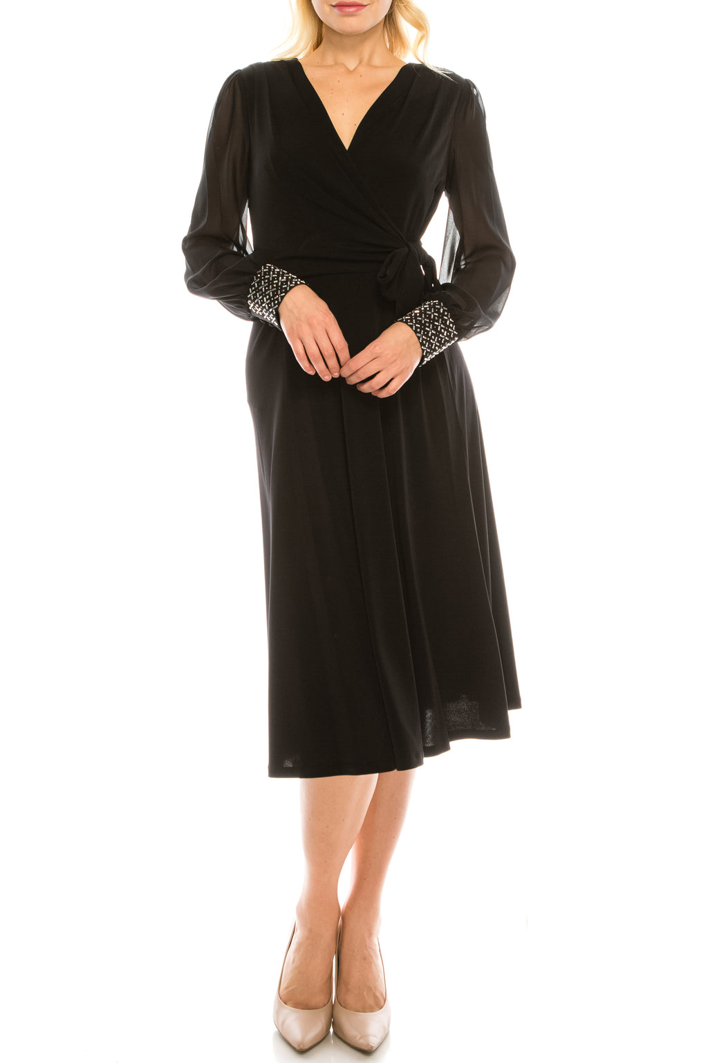 London Times A-Line Faux Wrap Dress with Beaded Cuffs (Additional Colors)