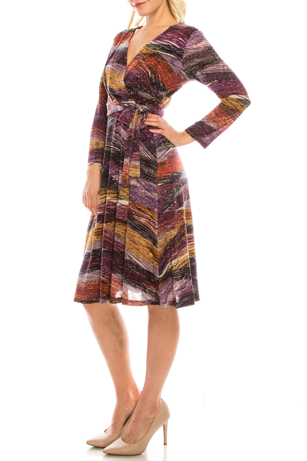 London Times Deep Orchid Plum Metallic Faux Wrap Dress