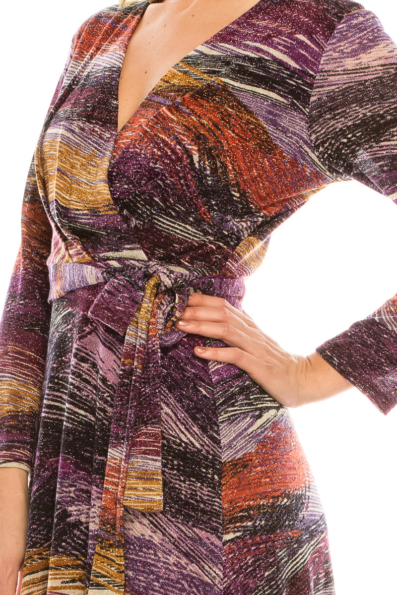 London Times Deep Orchid Plum Metallic Faux Wrap Dress