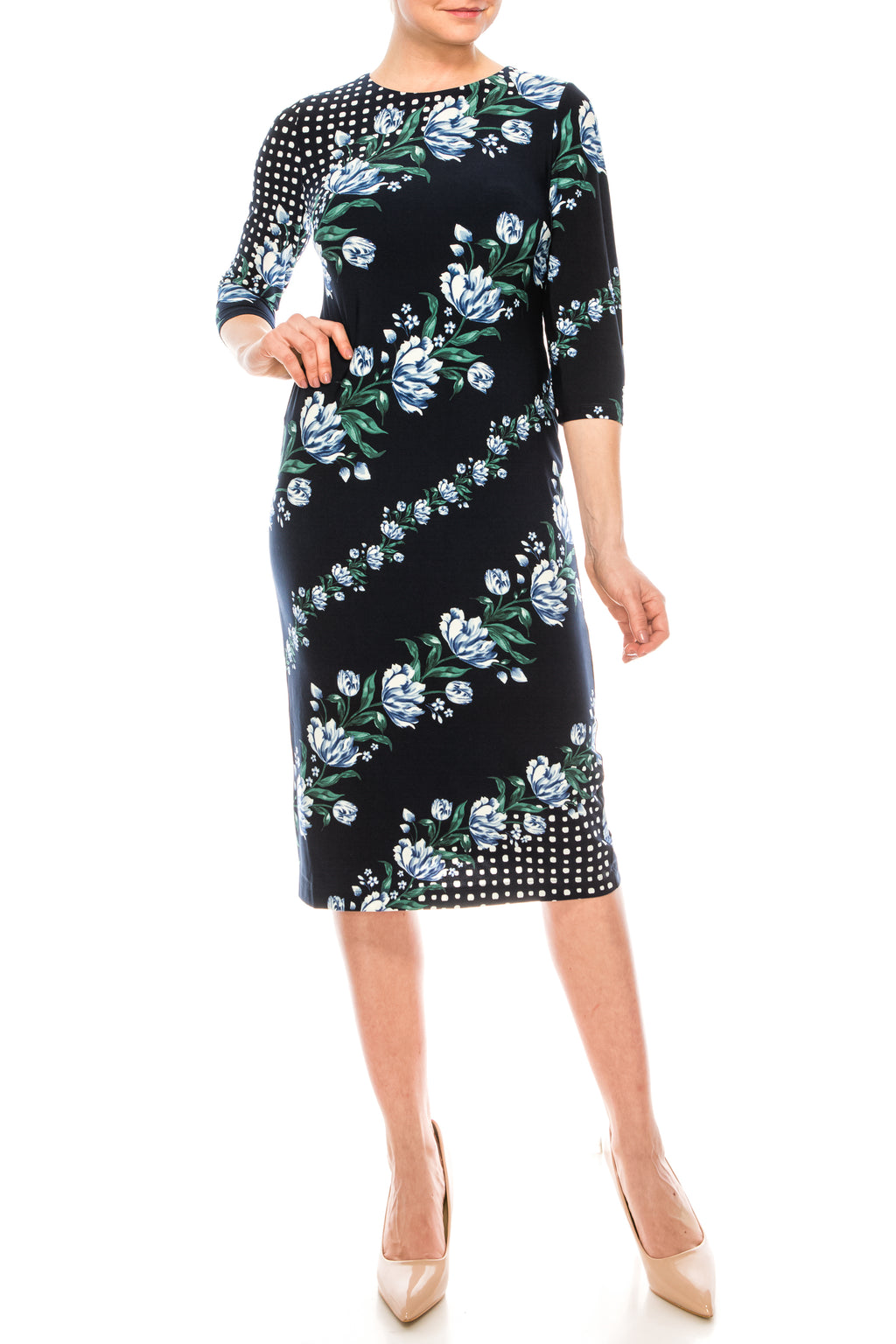 Maggy London Navy Blue Multi Print Sheath Dress