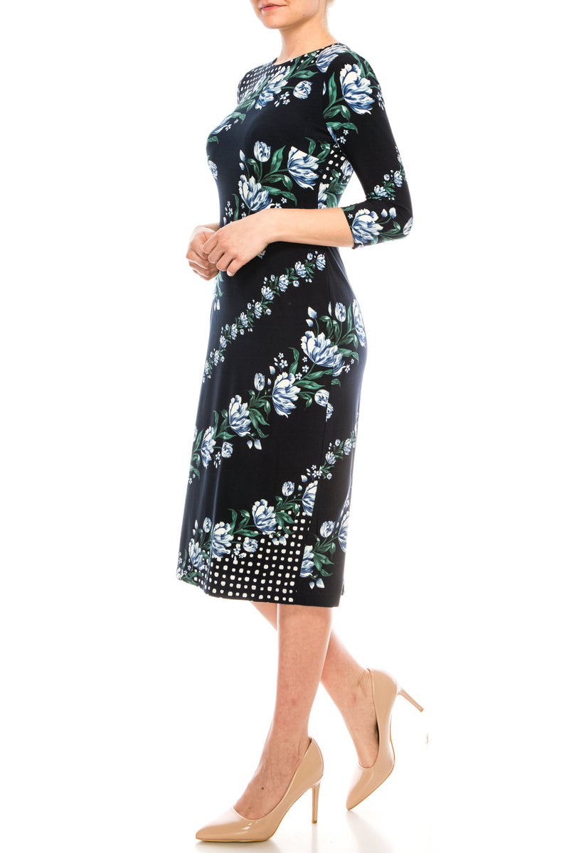 Maggy London Navy Blue Multi Print Sheath Dress