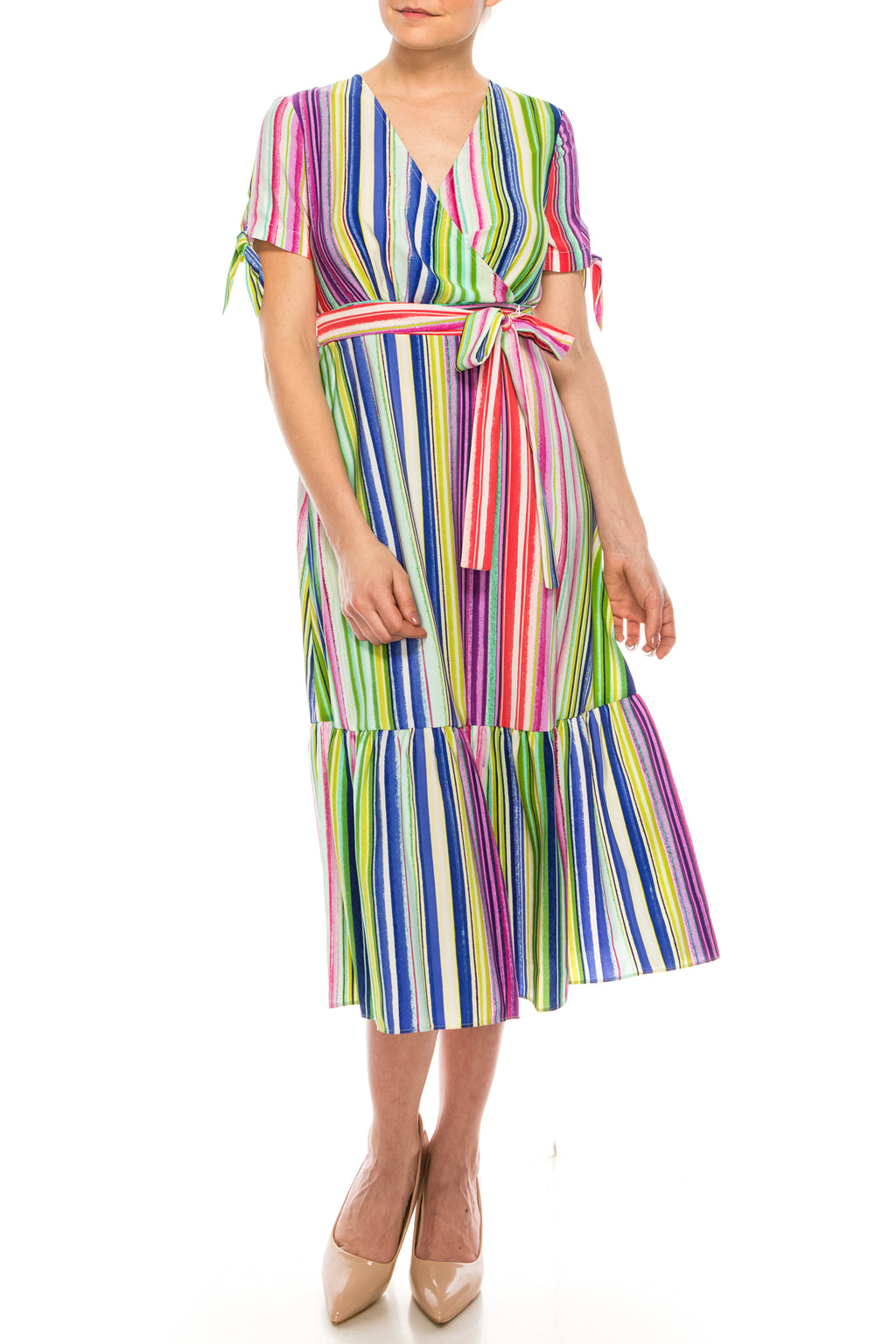 Maggy London Soft White Multi Stripe Midi Dress