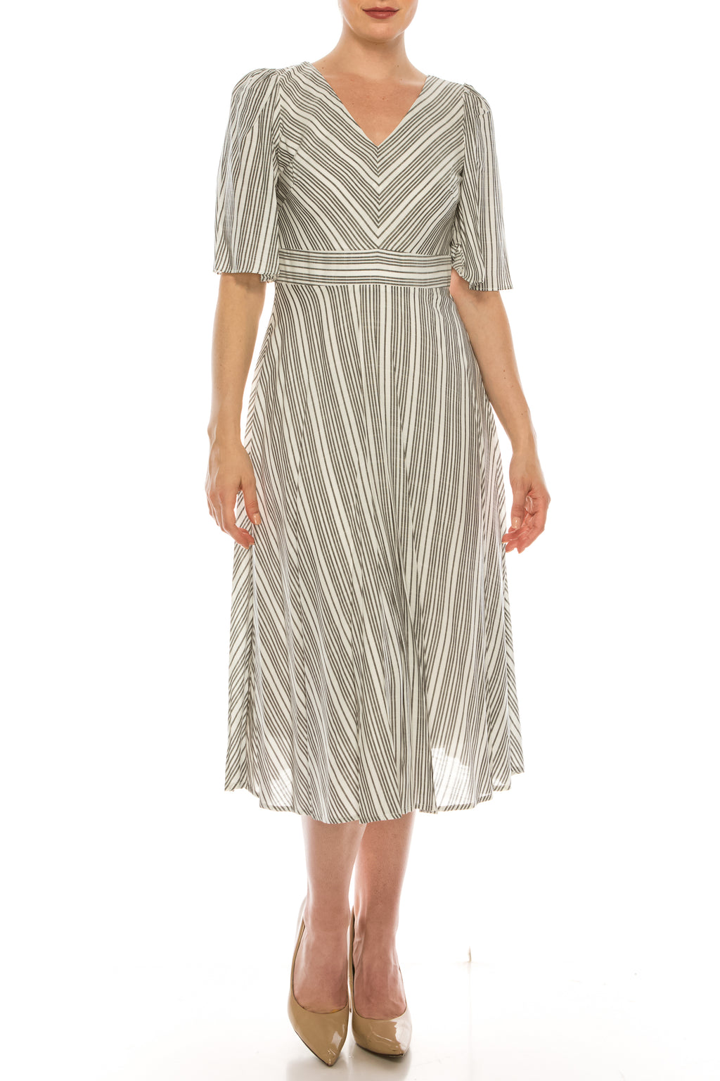 Maison Tara Ivory Black Pinstripe Bell Sleeve Midi Dress