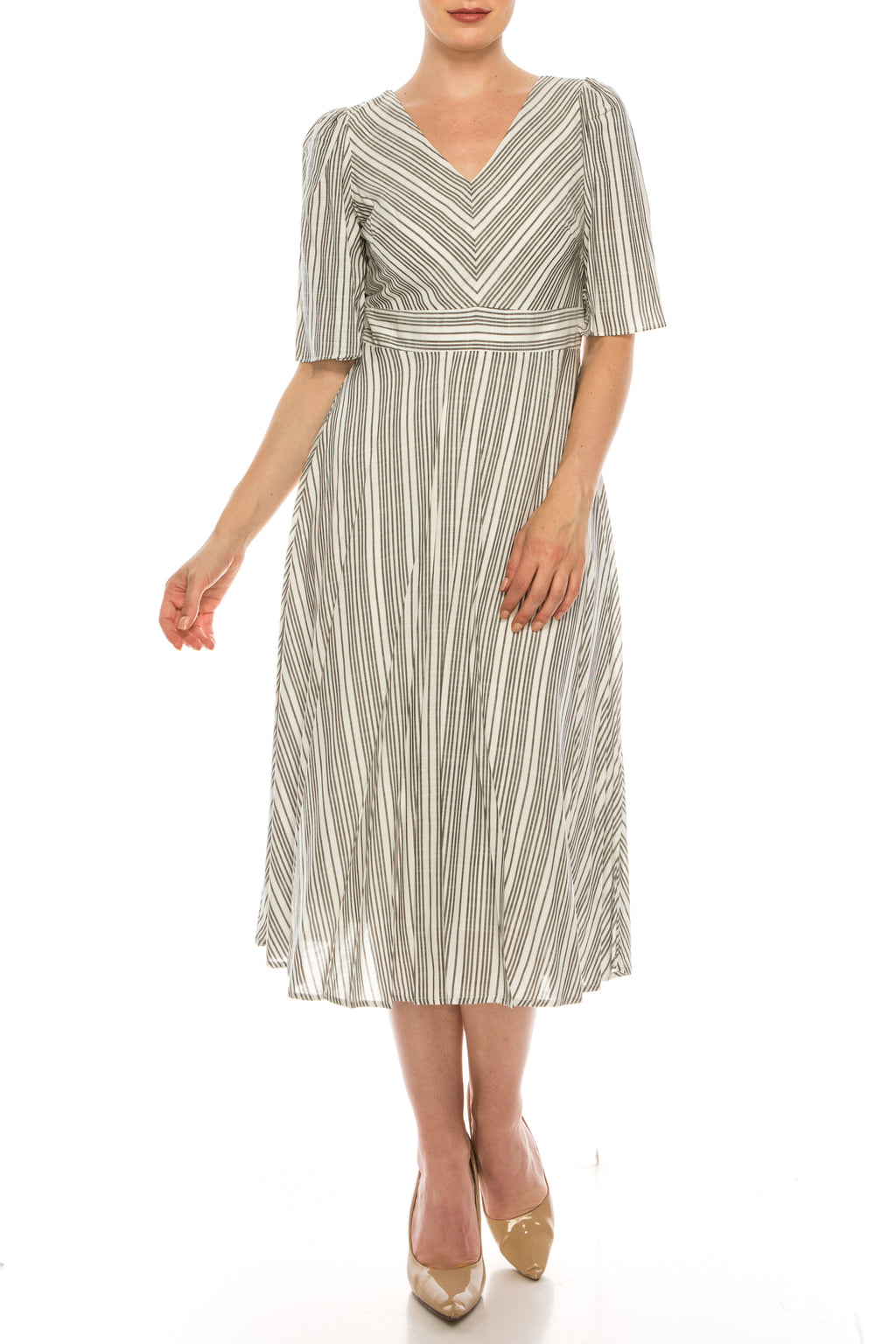 Maison Tara Ivory Black Pinstripe Bell Sleeve Midi Dress