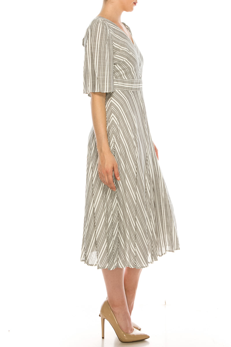 Maison Tara Ivory Black Pinstripe Bell Sleeve Midi Dress