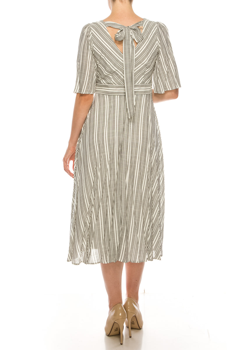 Maison Tara Ivory Black Pinstripe Bell Sleeve Midi Dress