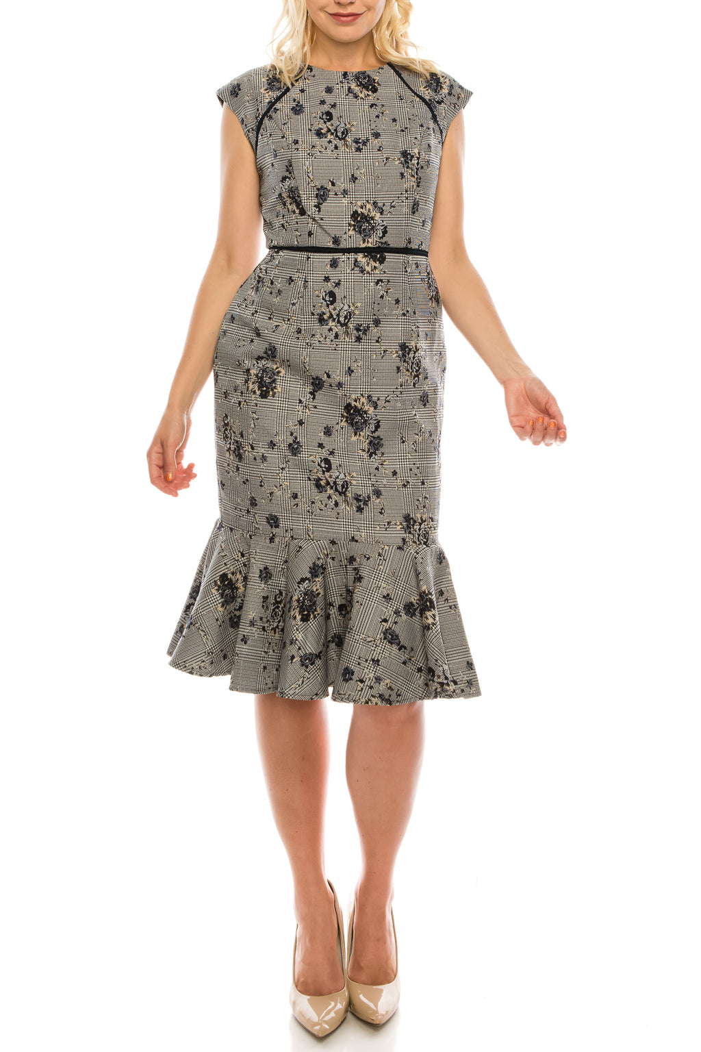 Maggy London Blue Neutral Houndstooth Printed Floral Jacquard Sheath Dress