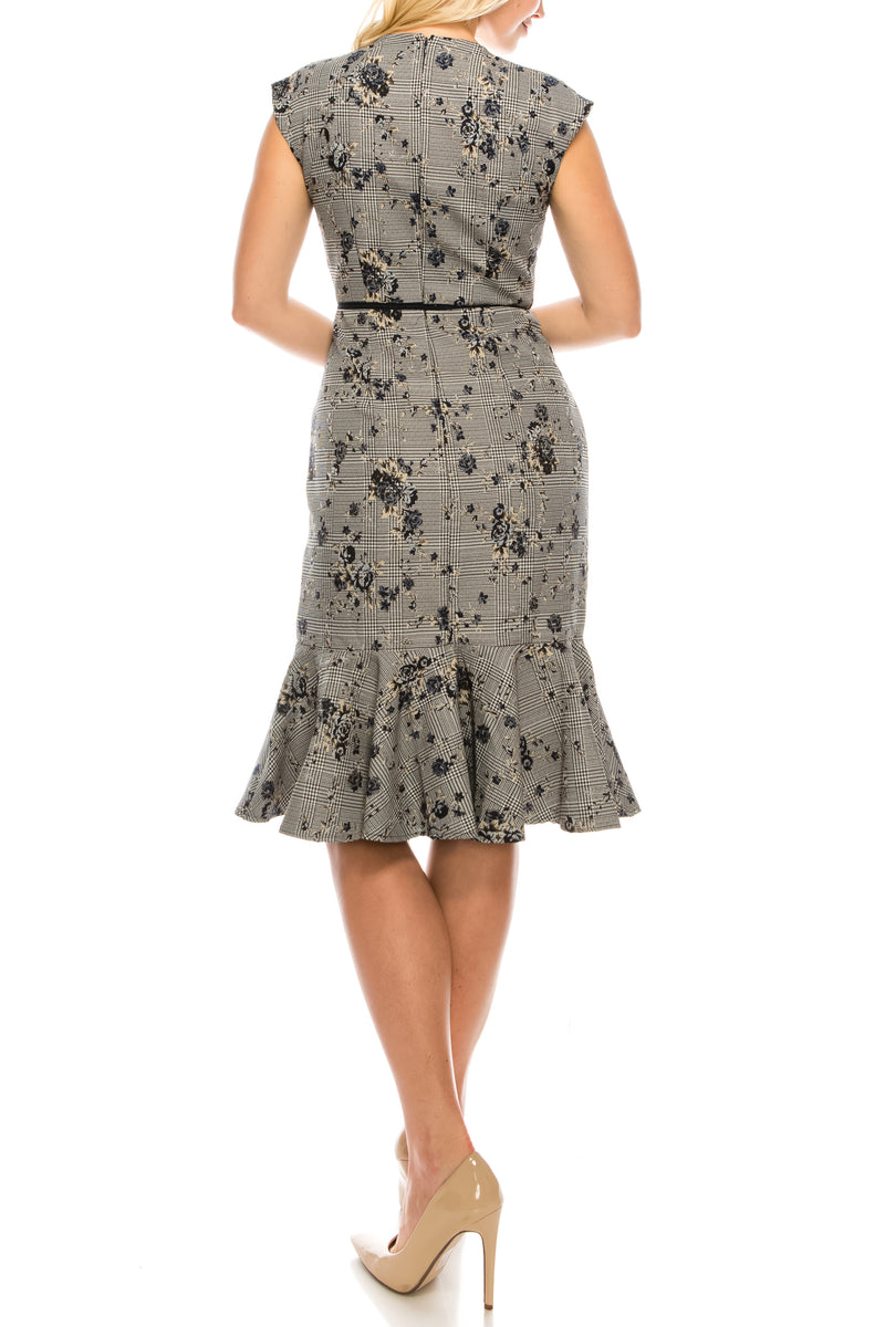 Maggy London Blue Neutral Houndstooth Printed Floral Jacquard Sheath Dress