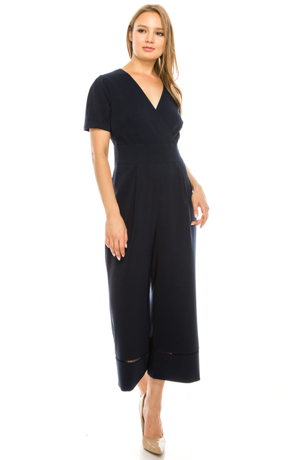 Maggy London Navy Short Rolled Sleeve Surplice Midi Jumpsuit