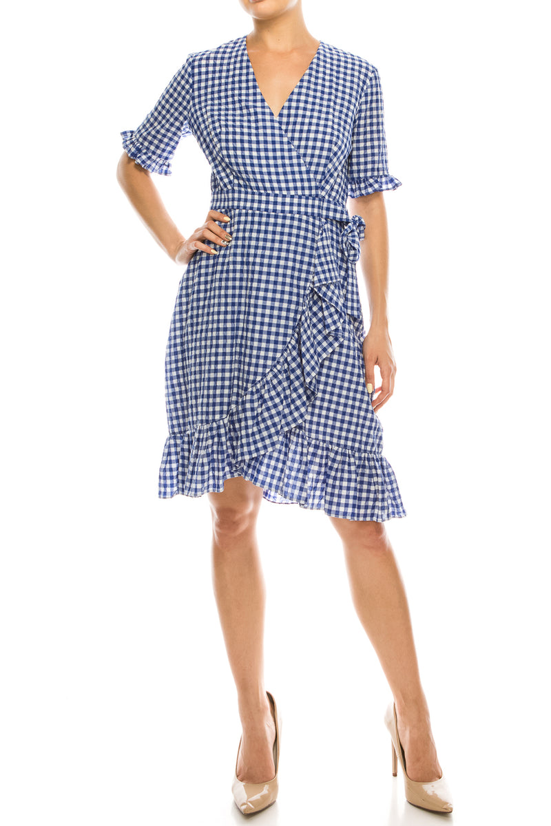 Maggy London Blue White Gingham Printed Ruffled Dress