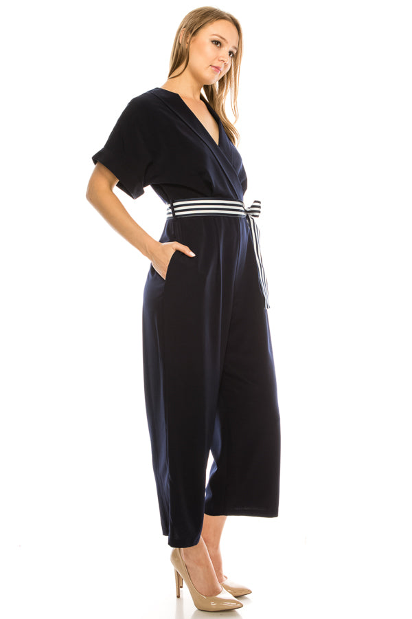 Maggy London Navy Striped Belted Faux Wrap Jumpsuit