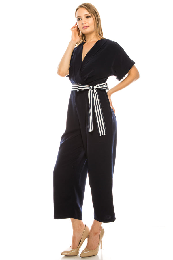 Maggy London Navy Striped Belted Faux Wrap Jumpsuit