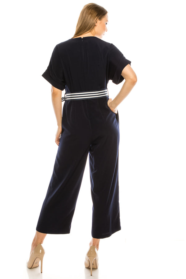 Maggy London Navy Striped Belted Faux Wrap Jumpsuit