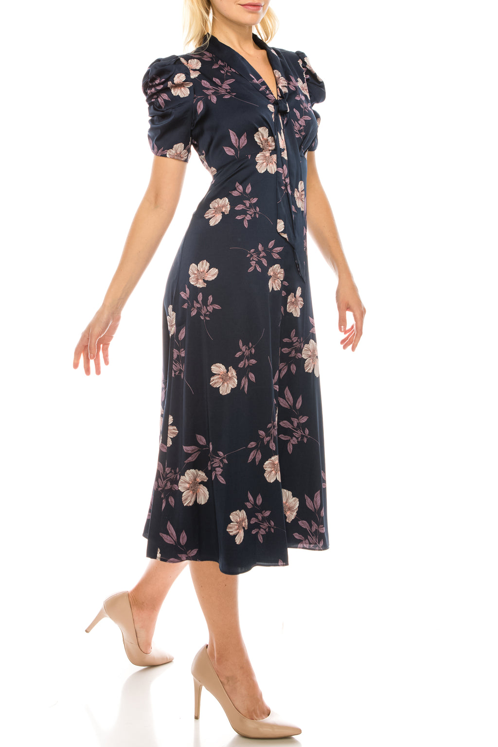 Maggy London Navy Lavender Floral Printed Satin Midi Dress