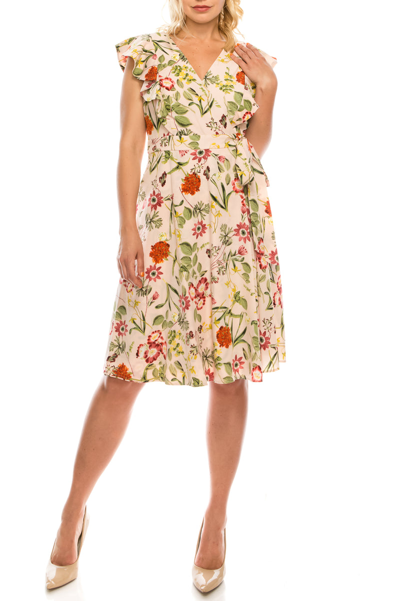 Maggy London Blush Multi Floral Printed Ruffled Faux Wrap Dress