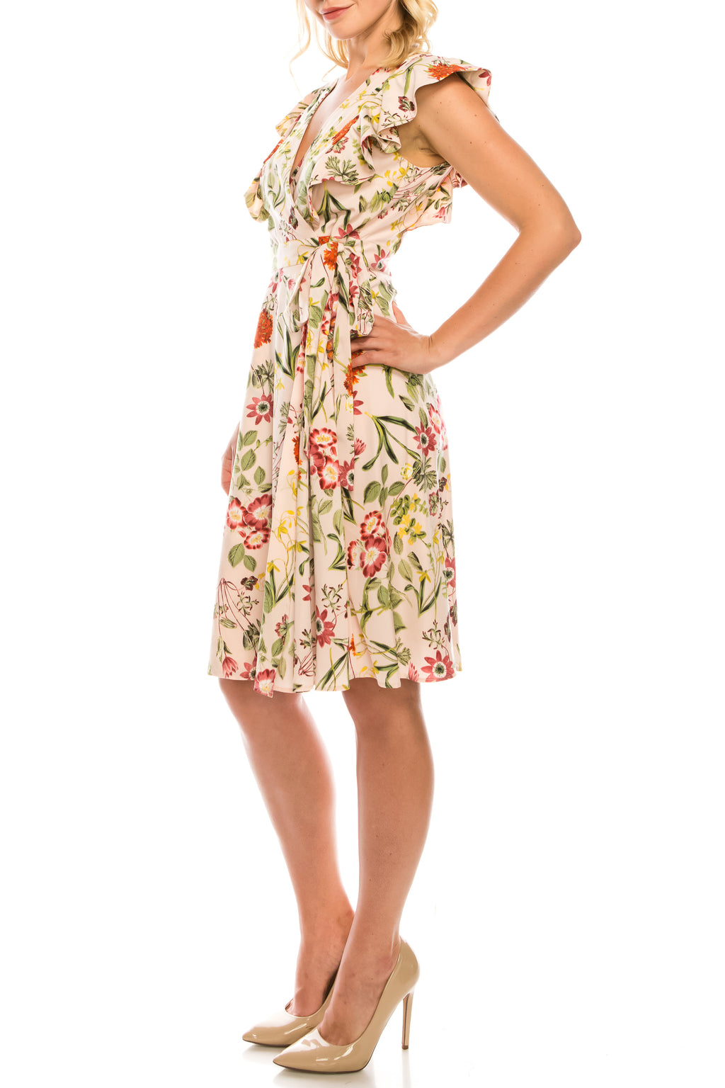 Maggy London Blush Multi Floral Printed Ruffled Faux Wrap Dress