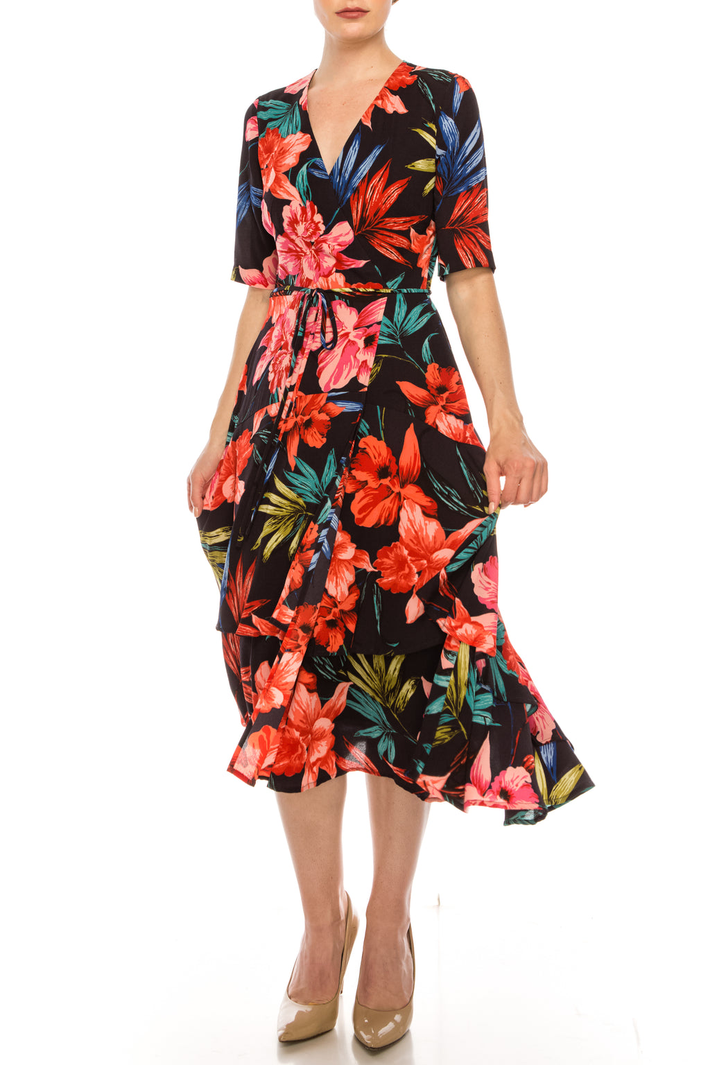 Maison Tara Navy Tropical Floral Illusion Wrap Midi Dress