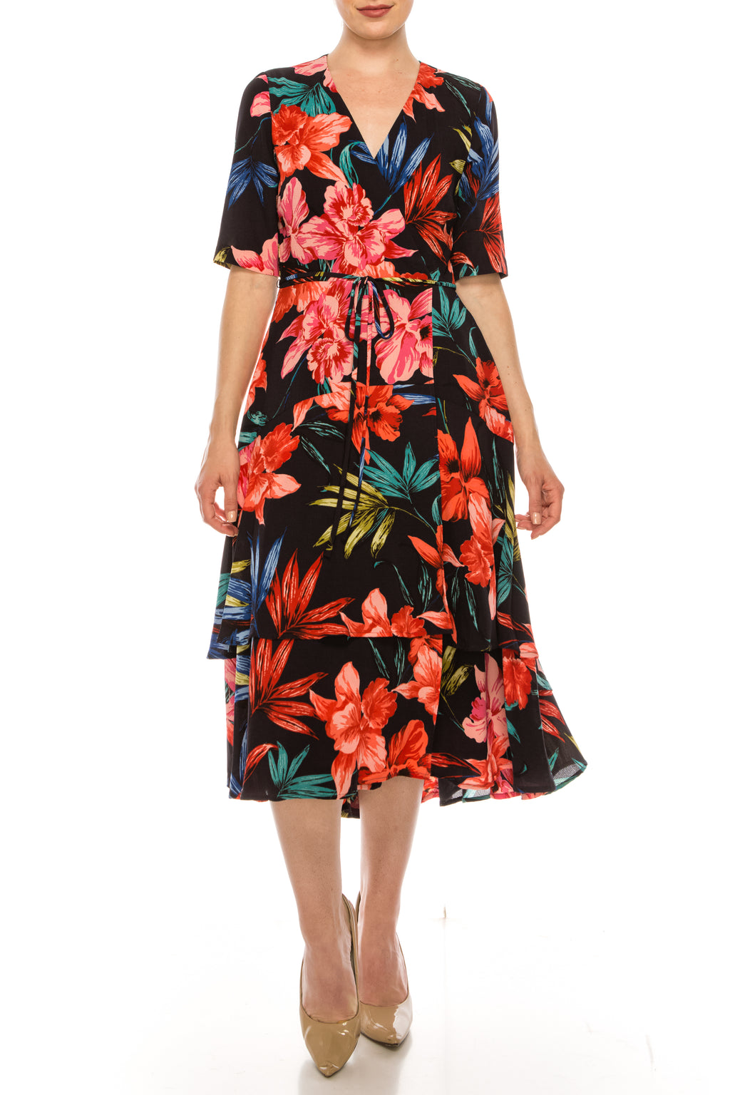 Maison Tara Navy Tropical Floral Illusion Wrap Midi Dress