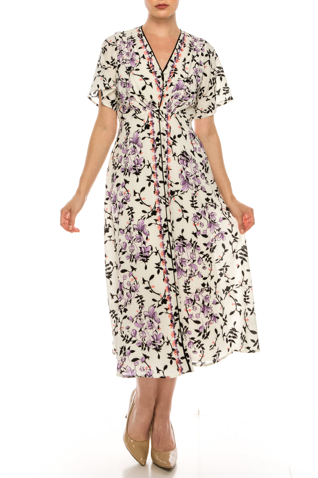 Maison Tara Cream and Violet Floral Short Sleeve Midi Dress