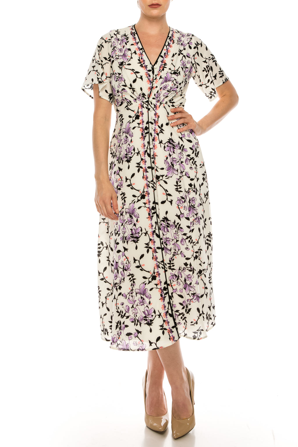 Maison Tara Cream and Violet Floral Short Sleeve Midi Dress