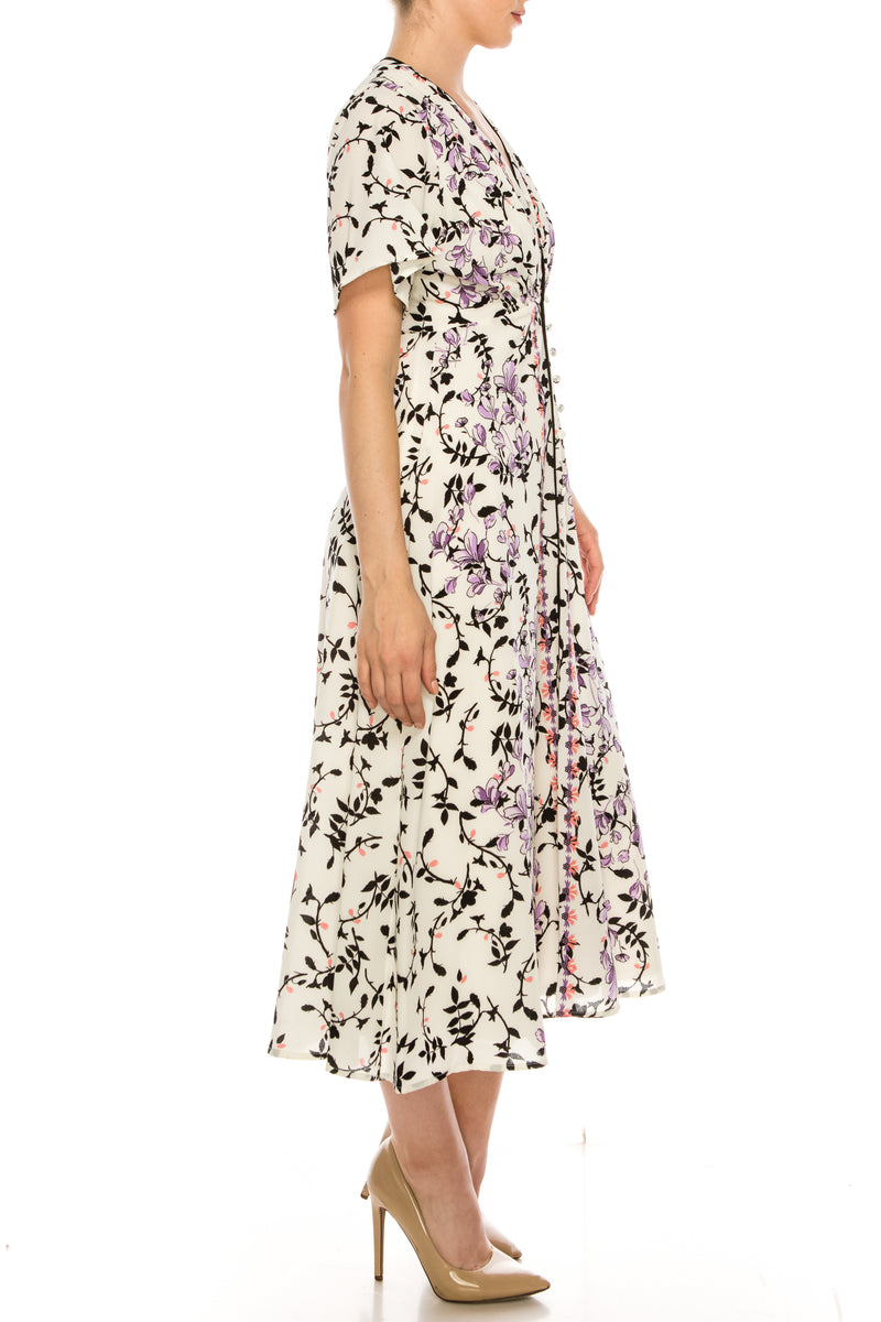 Maison Tara Cream and Violet Floral Short Sleeve Midi Dress