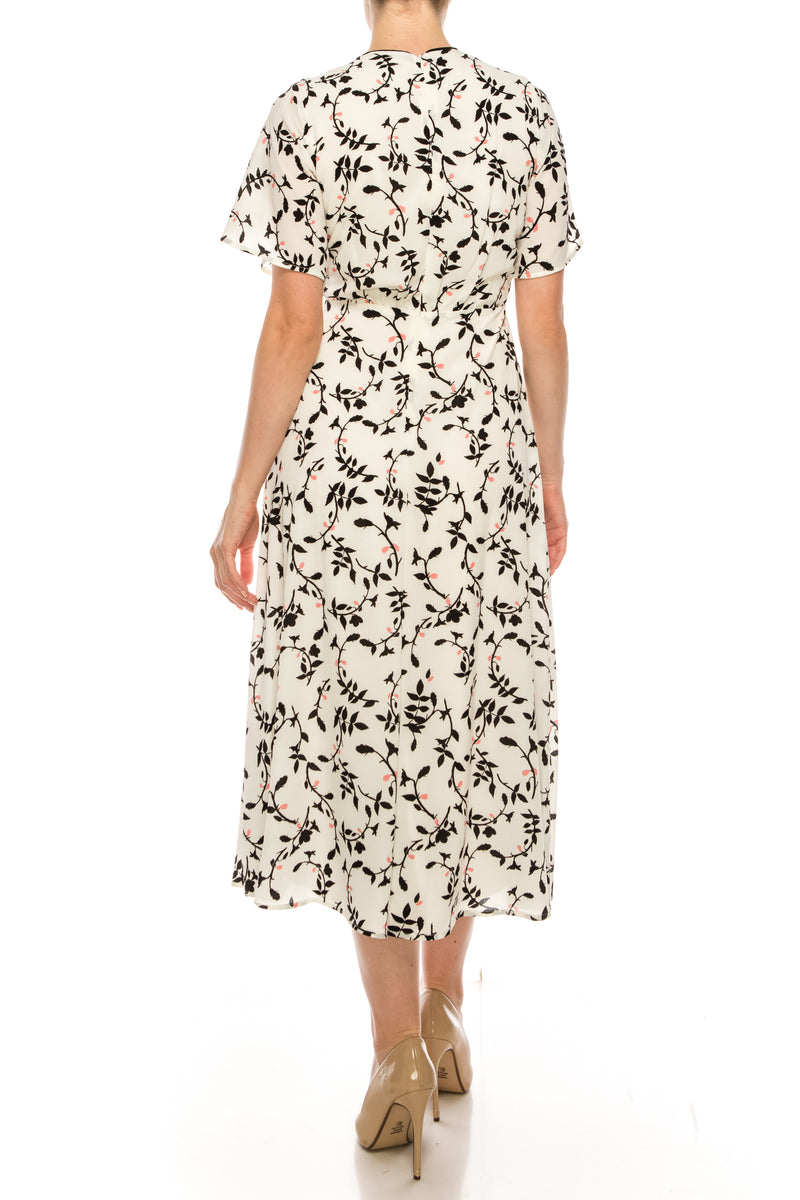 Maison Tara Cream and Violet Floral Short Sleeve Midi Dress