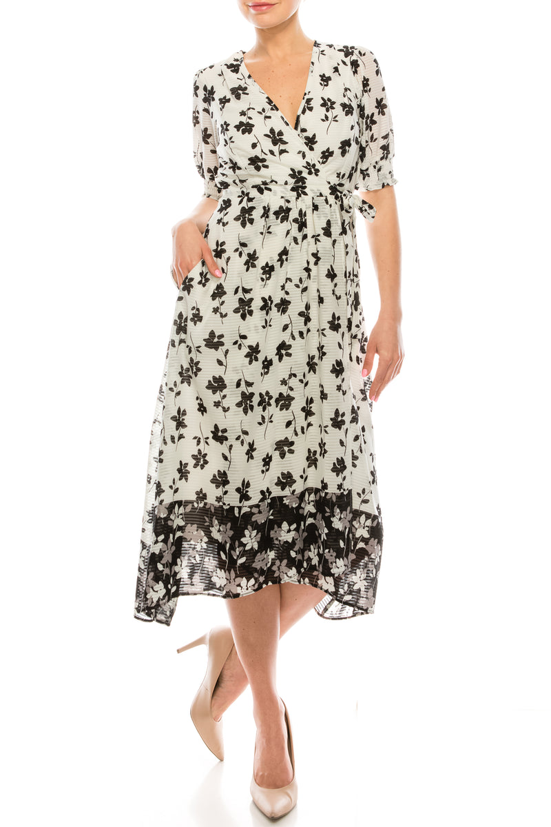 Maison Tara Floral Color Block Illusion Wrap Dress (Additional Colors)