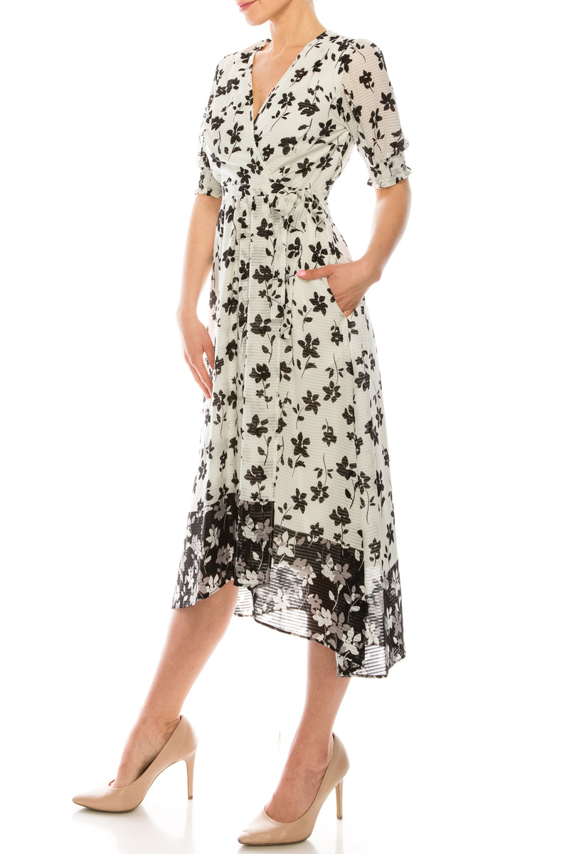 Maison Tara Floral Color Block Illusion Wrap Dress (Additional Colors)