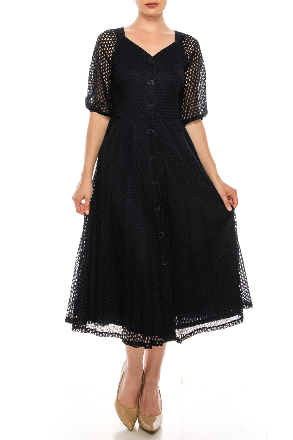 Maison Tara Deep Navy Eyelet 3/4 Sleeve Dress