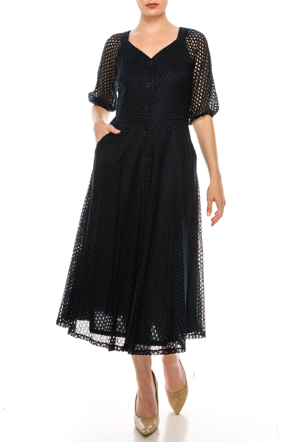 Maison Tara Deep Navy Eyelet 3/4 Sleeve Dress