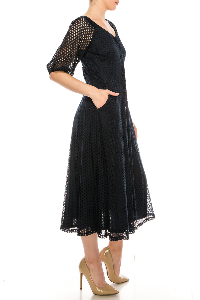 Maison Tara Deep Navy Eyelet 3/4 Sleeve Dress