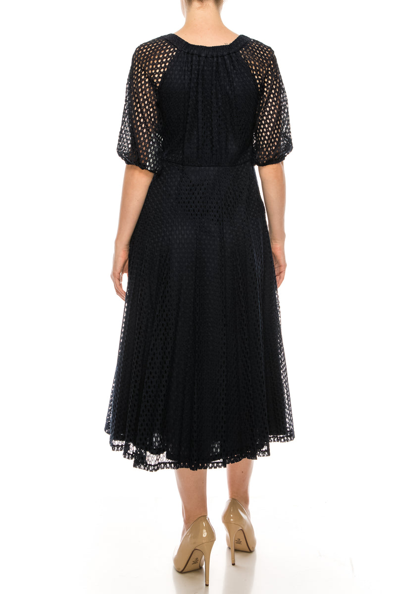 Maison Tara Deep Navy Eyelet 3/4 Sleeve Dress