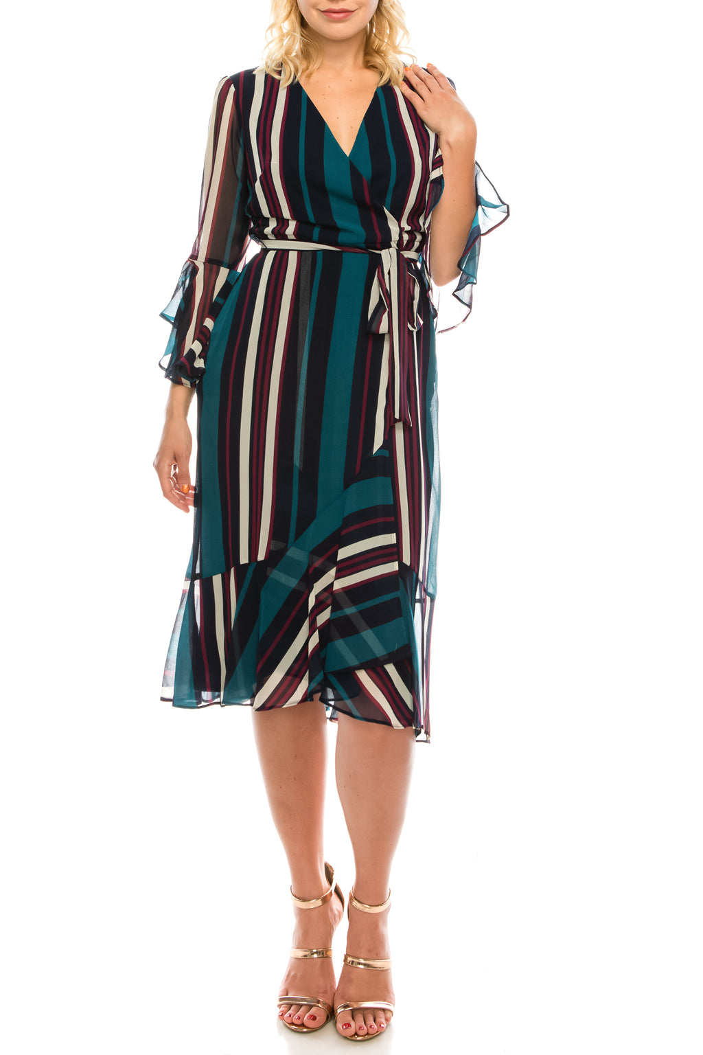 Maison Tara Navy Teal Striped Faux Wrap Dress