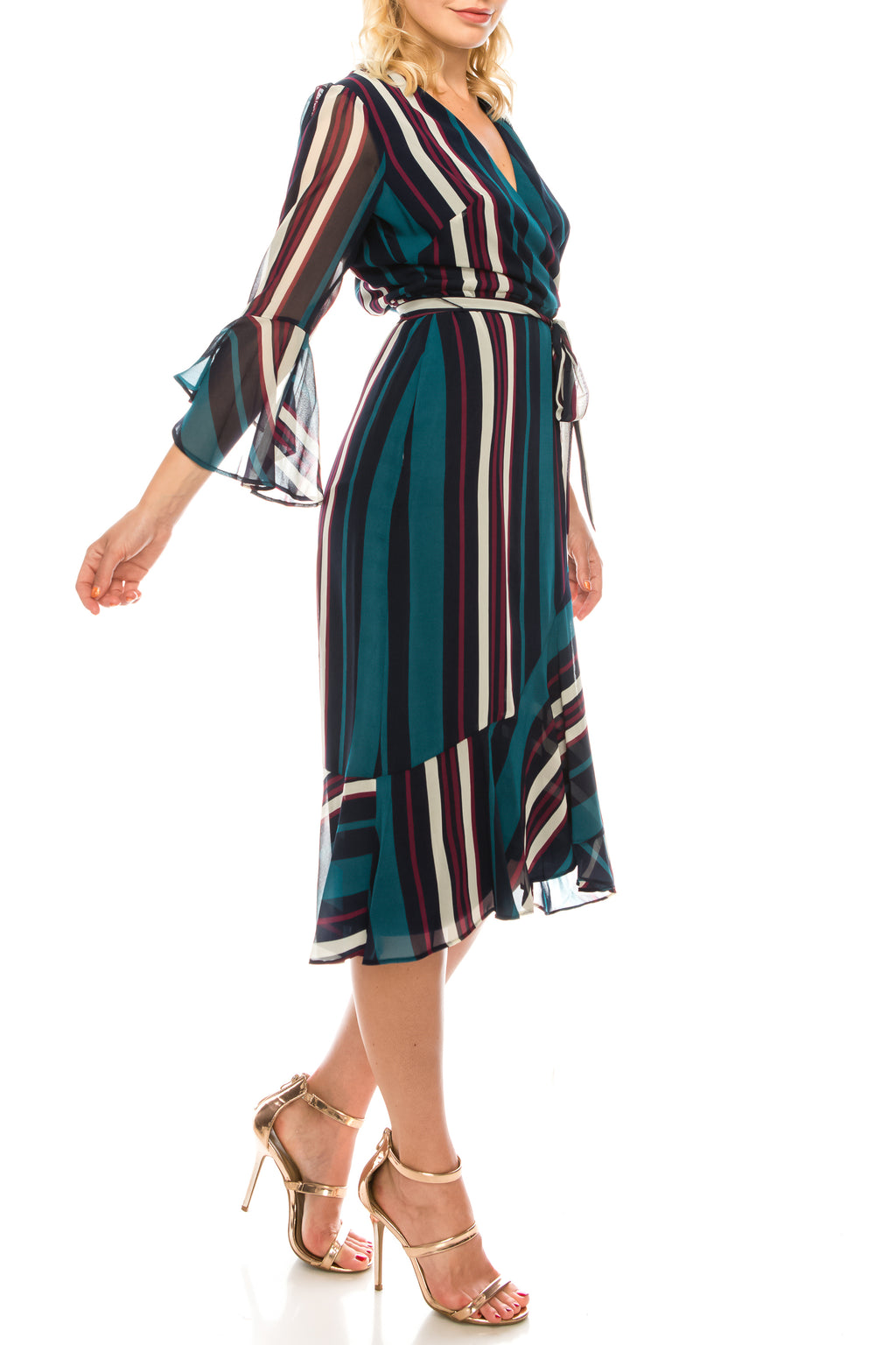 Maison Tara Navy Teal Striped Faux Wrap Dress