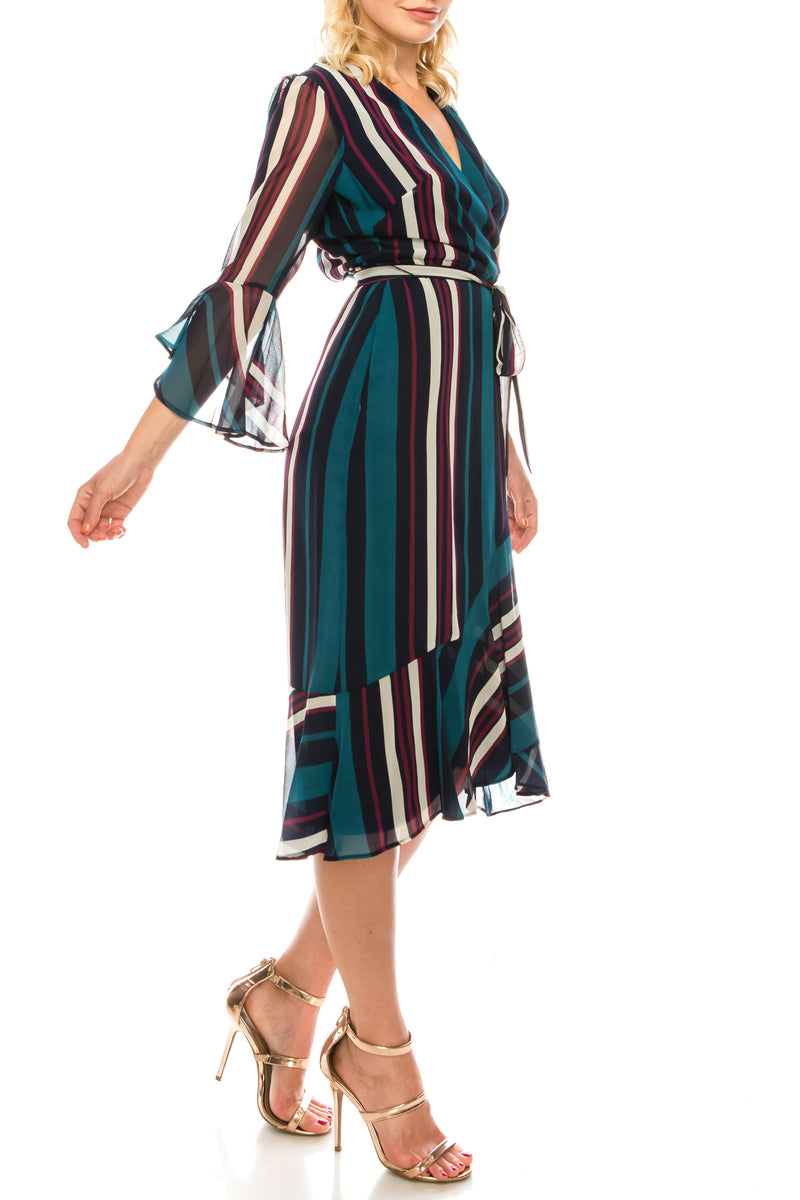Maison Tara Navy Teal Striped Faux Wrap Dress