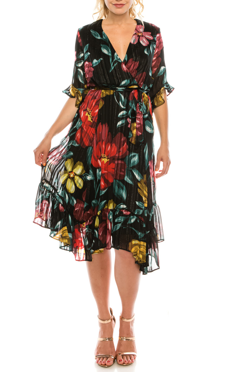 Maison Tara Floral Multi Metallic Surplice Ruffled Midi Dress